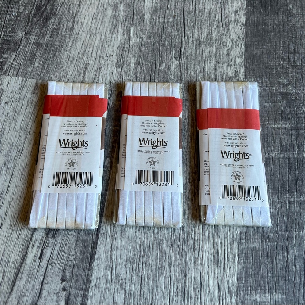 Lot of 3 Wrights Double Fold Bias Tape 201 White 30 1/4" Wide Poly Cotton Narrow
